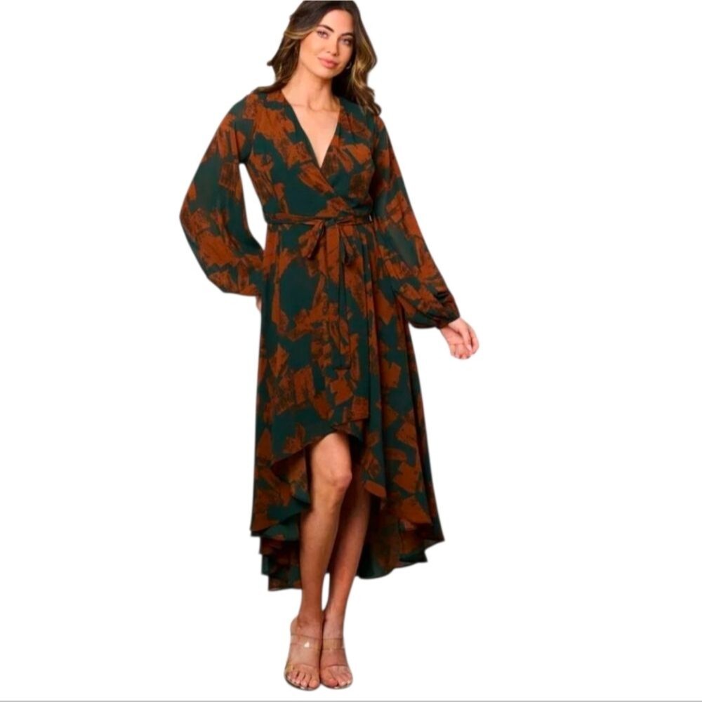On the Land NWT Chiffon Long-Sleeve High-Low Midi Dress, Size Small, Western